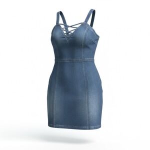 Derek Heart Blue Denim Mini Dress Lace Up Sweetheart Neck Bodycon Medium Wash M